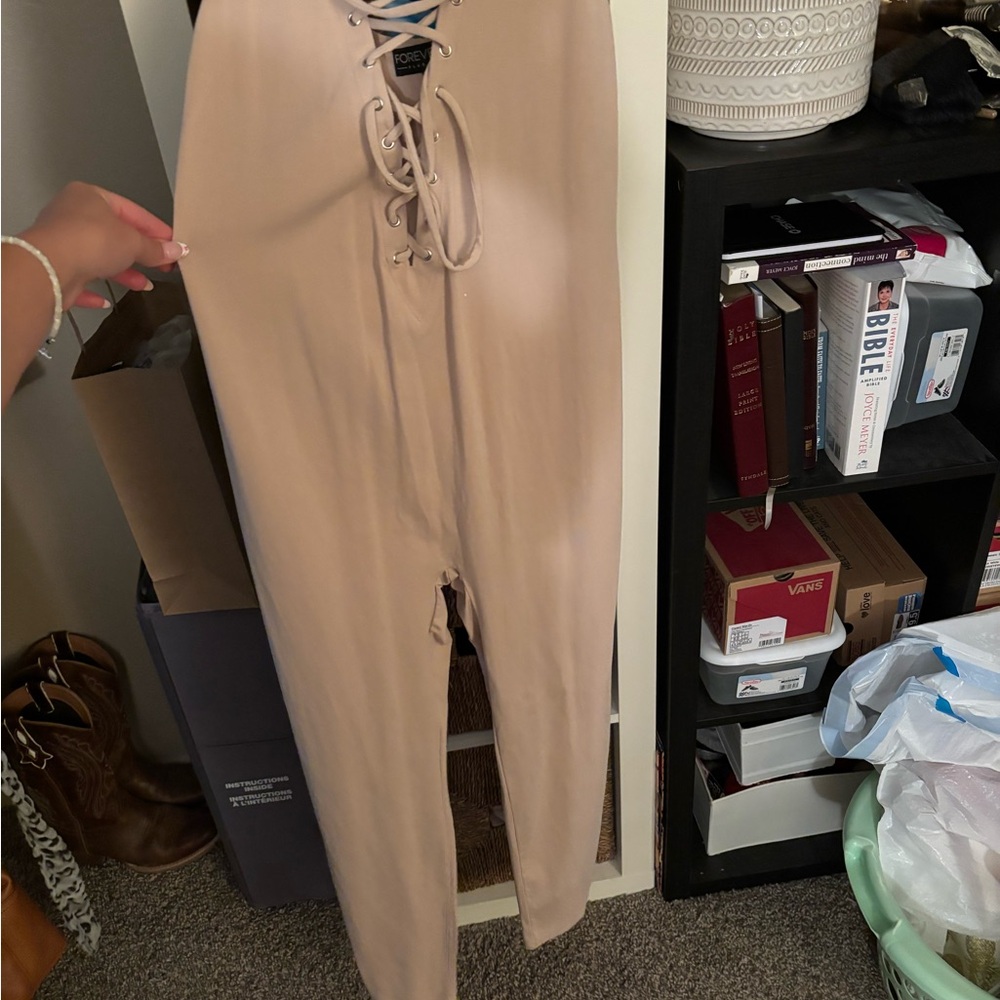 Beige Lace-Up Jumpsuit